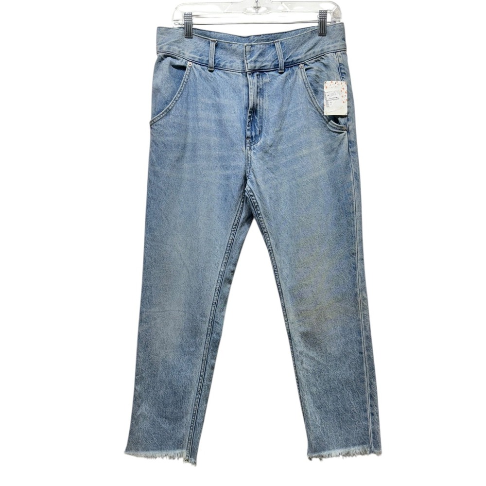 We The Free People Jeans Sz 28 Blue Straight Leg High Rise Raw Hem Boho Festival